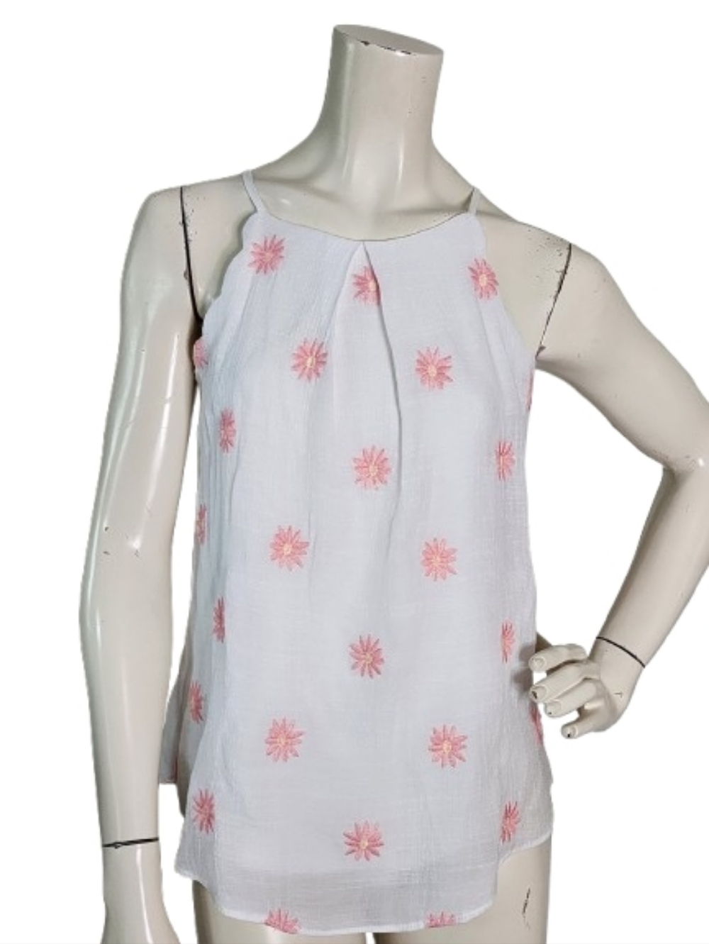 Y2K BCX Tank Top Women's XS White Pink Embroidered Gauzy Cami